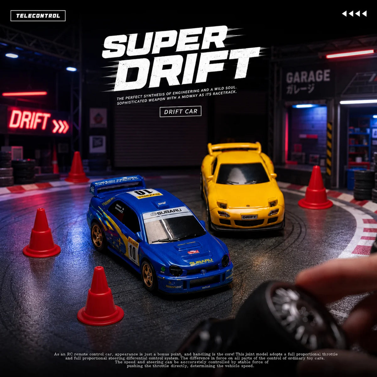 A yellow RC drift car is displayed on a dark surface in a garage setting.