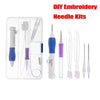 A set of DIY embroidery needle kits including various tools for punch needle work.