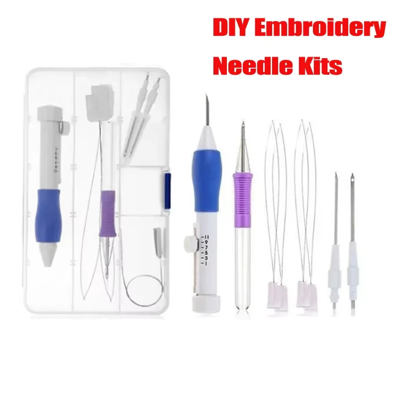 A set of DIY embroidery needle kits including various tools for punch needle work.