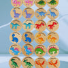 A collection of wooden dinosaur puzzle cards featuring various species like Triceratops, Tyrannosaurus Rex, and Plesiosaurus 