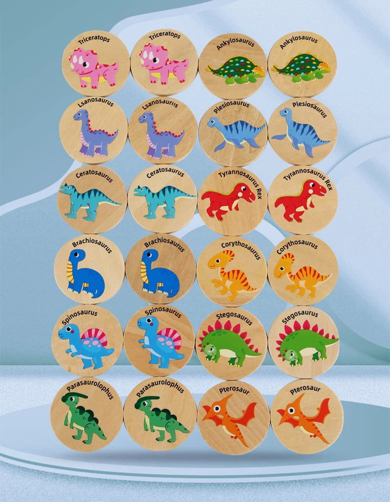A collection of wooden dinosaur puzzle cards featuring various species like Triceratops, Tyrannosaurus Rex, and Plesiosaurus 