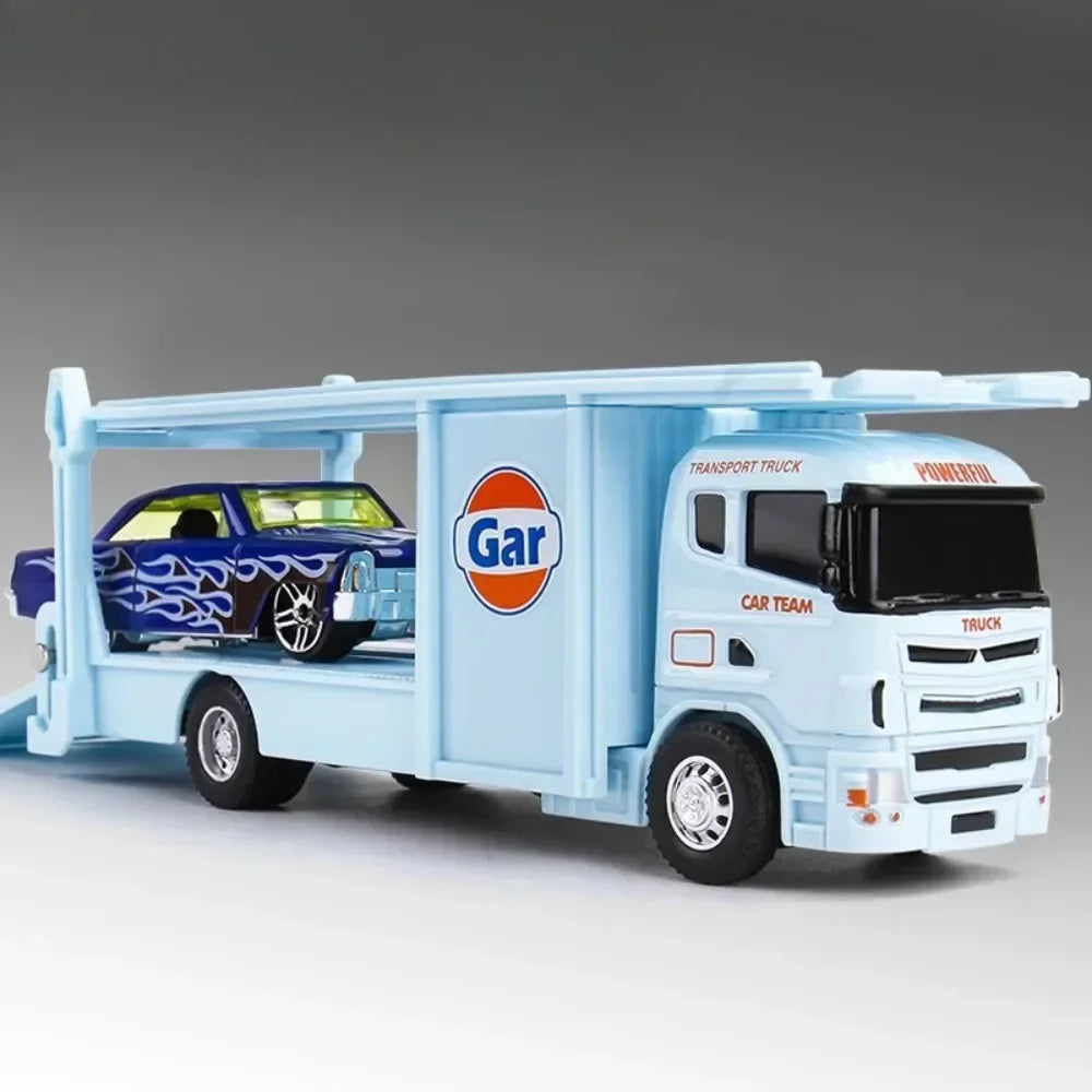 A light blue die-cast model of a transport truck with a container trailer, featuring a prominent 'Gar' logo.