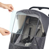 A gray waterproof stroller cover with a clear window showing the interior and a hand adjusting it.