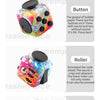 A colorful fidget cube with various functions including a button, roller, and switch.