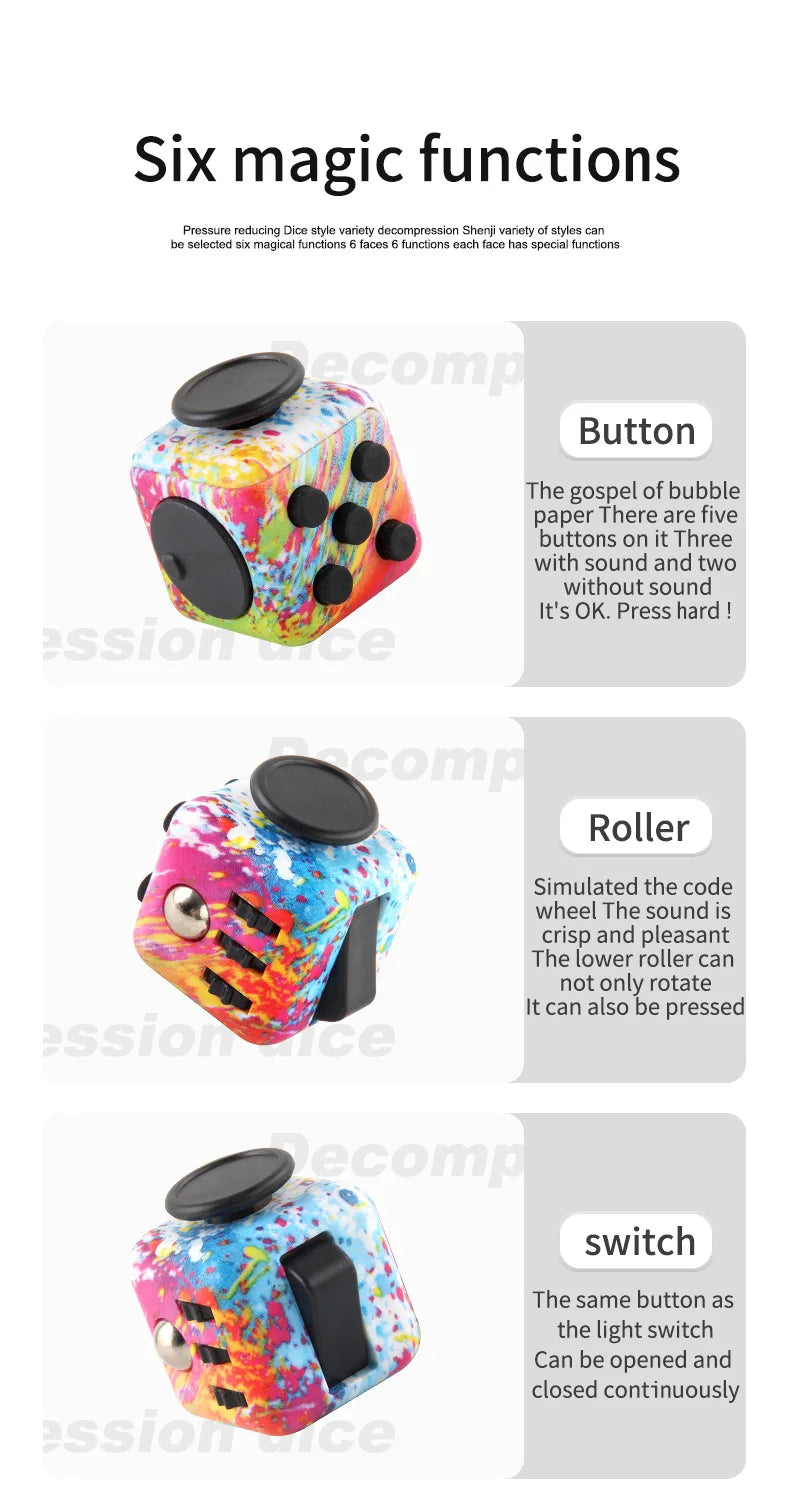 A colorful fidget cube with various functions including a button, roller, and switch.
