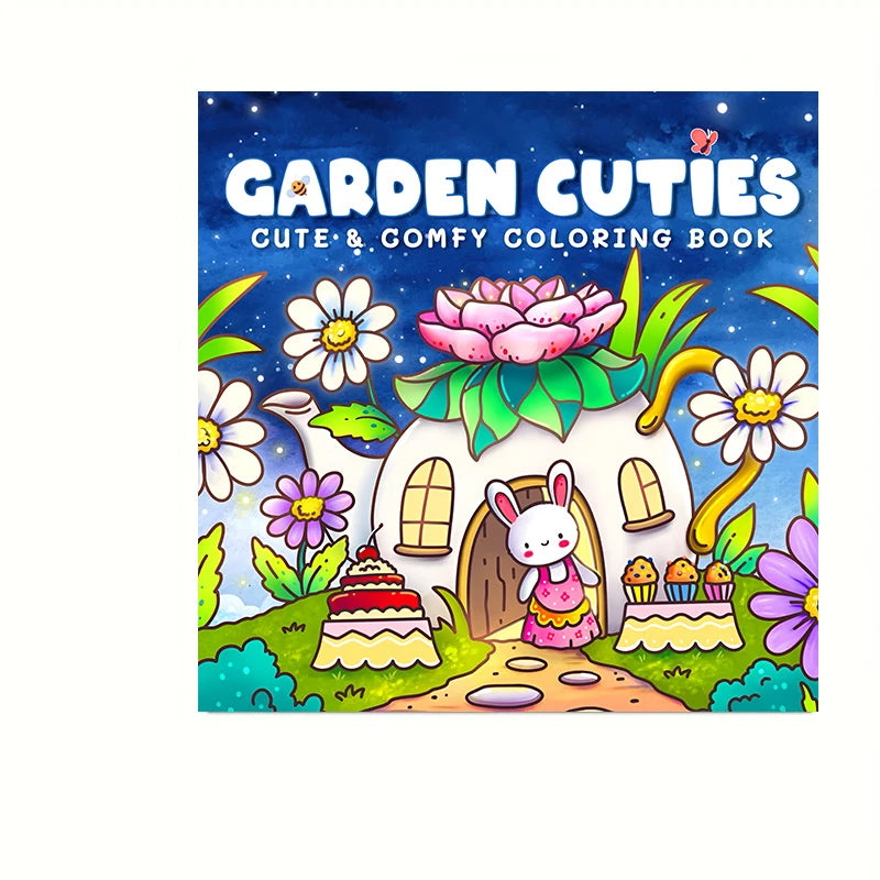 Cover of a Garden Cuties coloring book featuring a white house, flowers, and a rabbit.