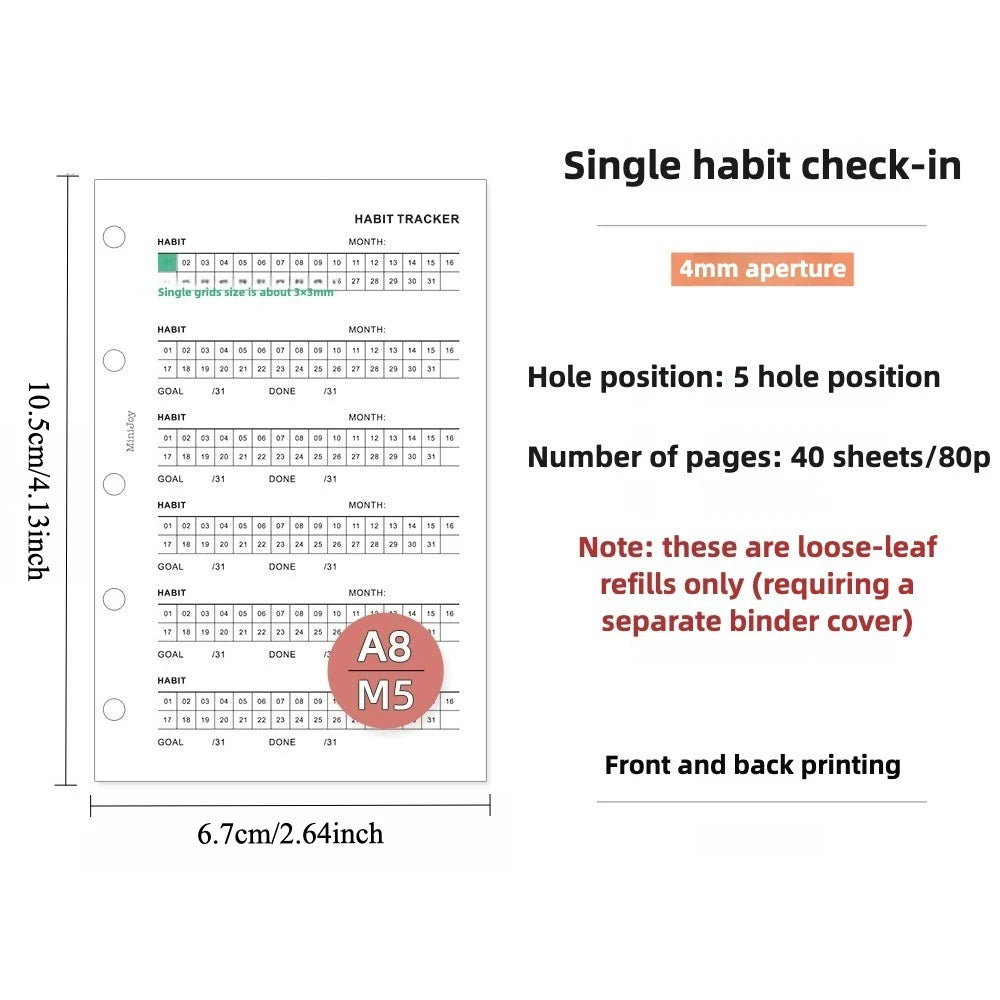 Single habit check-in pages for A6/A7/M5 planners with a 4mm aperture and hole positions