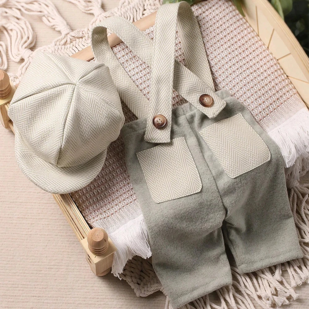 A set of a knit romper and newsboy cap for newborn boy photography, featuring soft gray fabric.