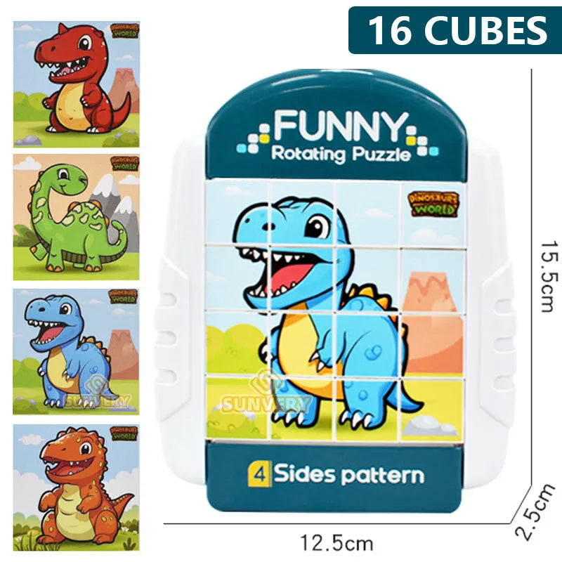 A blue dinosaur rotating puzzle with four sides pattern for kids