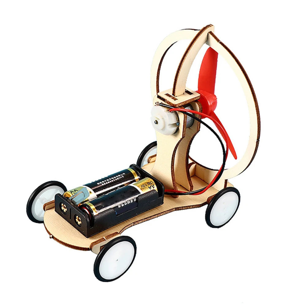DIY wooden paddle boat STEM science kit with a wooden frame and red paddle for kids