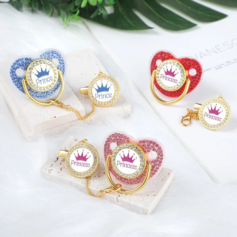 Crystal Crown Pacifier Clip Set with Silicone Nipple