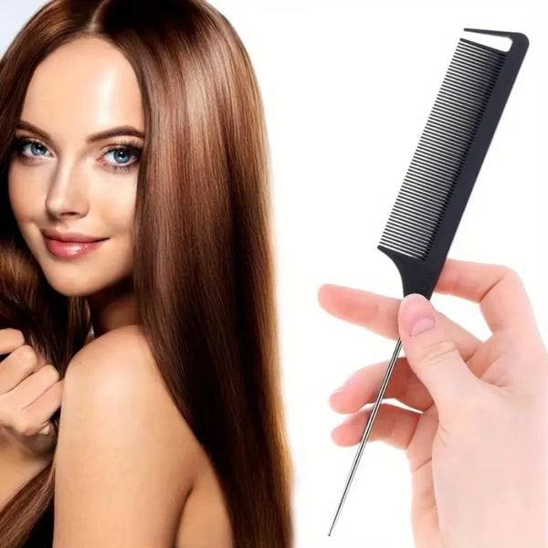 A hand holds a black professional heat-resistant cutting comb set with fine teeth.