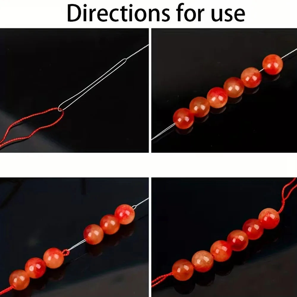Directions for use showing a set of flexible bead threading needles and finished beaded strands.