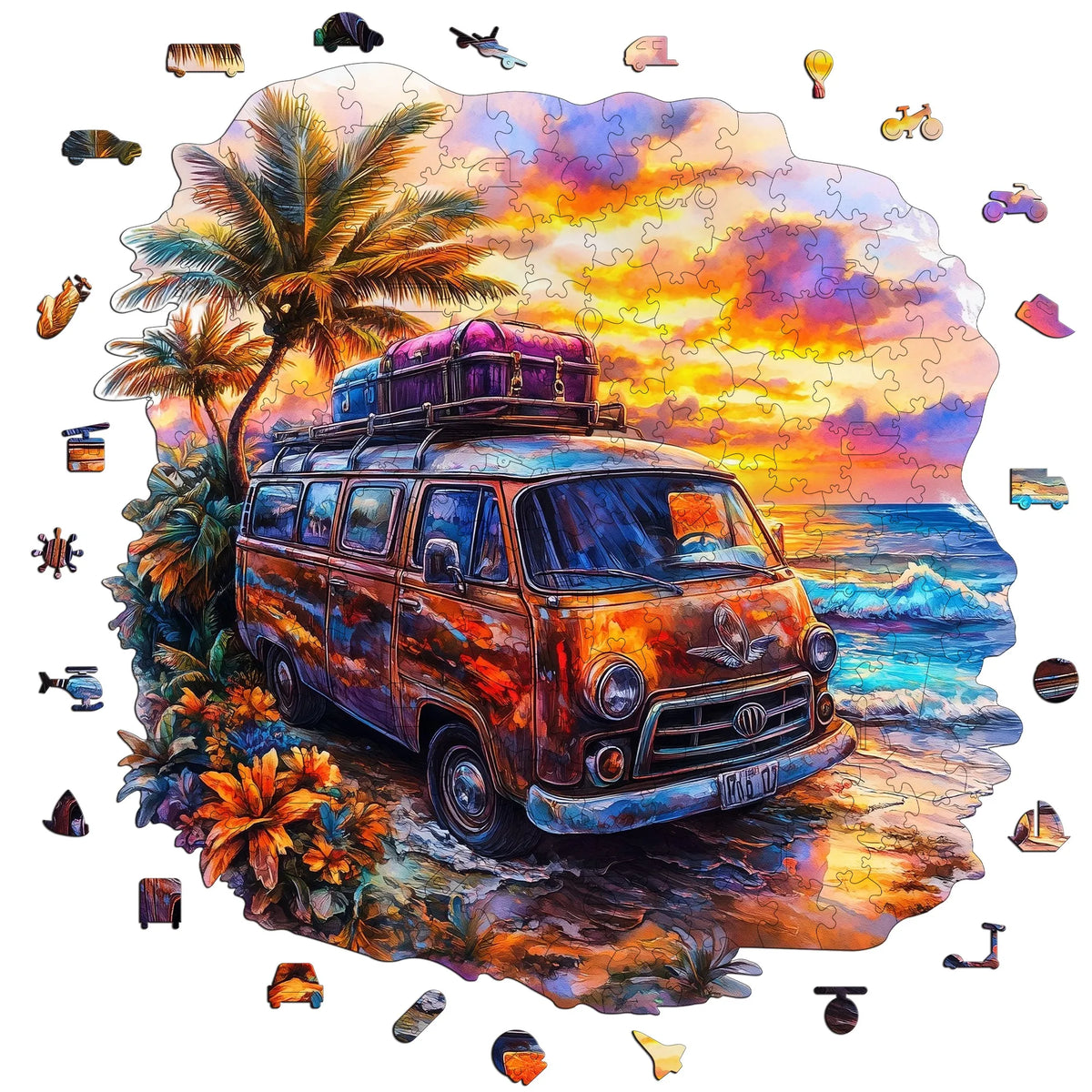 A vintage orange van is featured in a jigsaw puzzle design set against a vibrant sunset background.