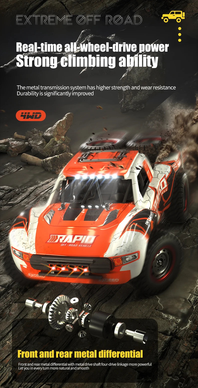 Orange and white off-road monster truck demonstrating strong climbing ability with a metal differential system.