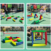 Four images showing children playing with colorful balance stepping stones and a balance gym set outdoors.