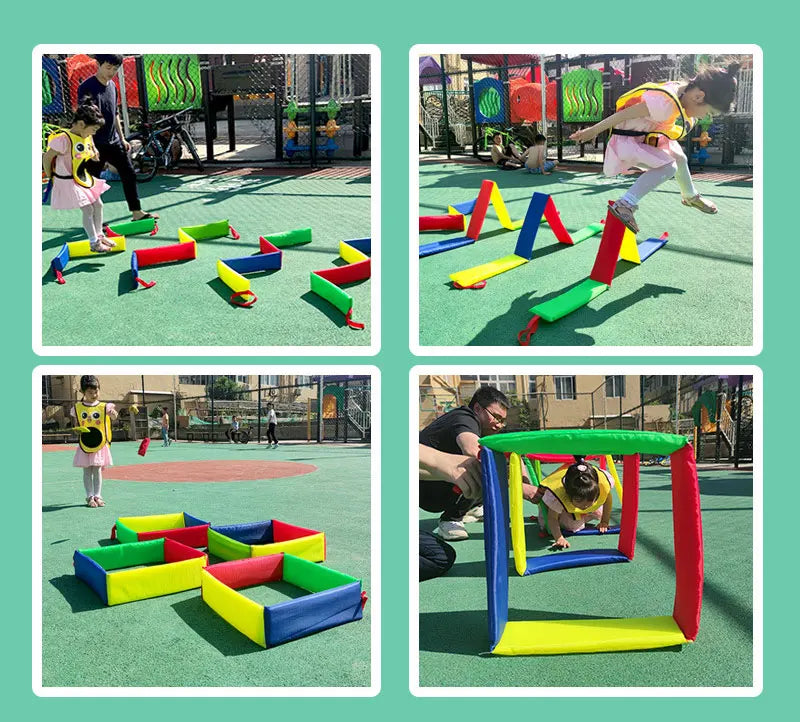 Four images showing children playing with colorful balance stepping stones and a balance gym set outdoors.