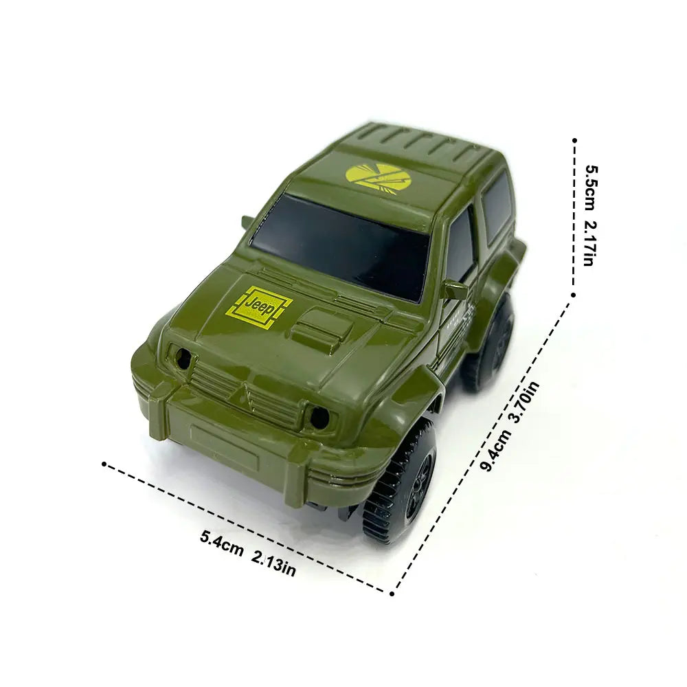 A green Jeep-style race track toy car with yellow LED lights and dimensions shown.