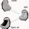 A breathable baby stroller sunshade cover in gray with white polka dots shown closed, ajar, and fully open.