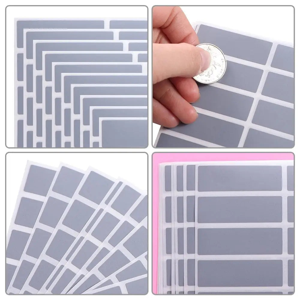 Four panels showing various designs of scratch-off sticker sheets for DIY cards and games.