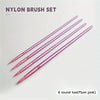 A set of four round toe nylon brushes in plum pink are displayed diagonally on a white background.