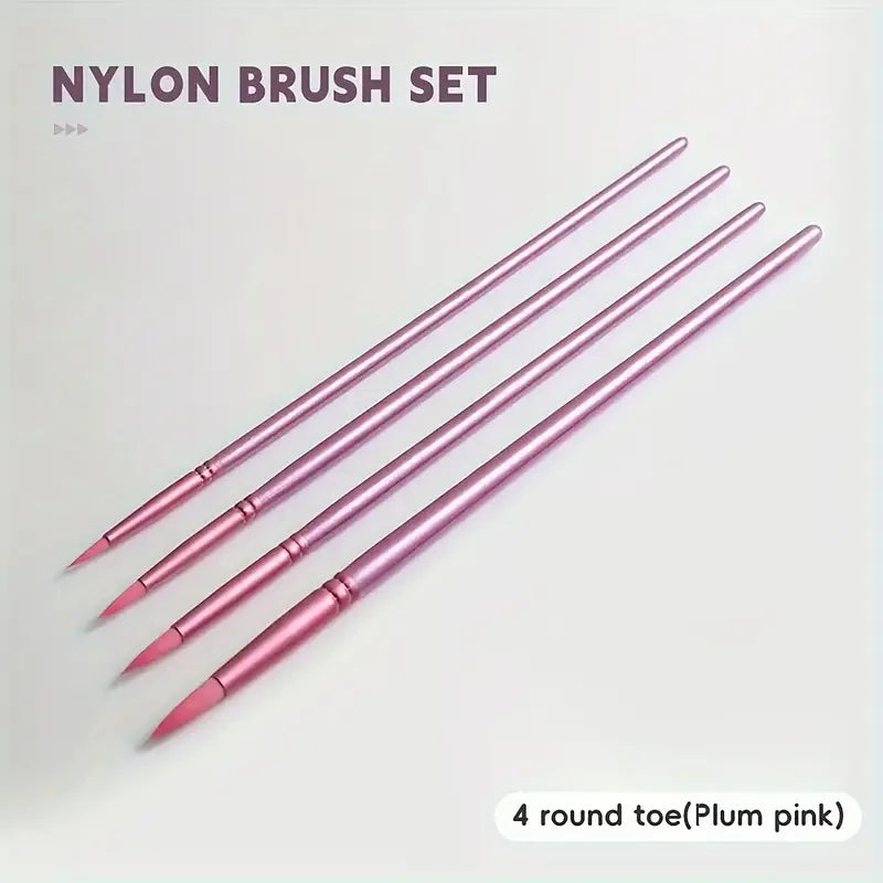 A set of four round toe nylon brushes in plum pink are displayed diagonally on a white background.