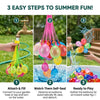 Three steps to summer fun showing how to attach, fill, and play with self-sealing water balloons.