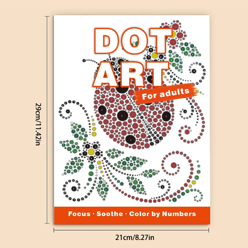 A coloring book titled DOT ART For adults featuring intricate dot patterns for color by numbers.