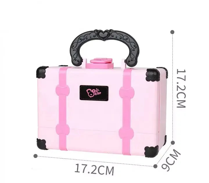 Pink princess pretend play makeup set for kids with a black handle and striped accents