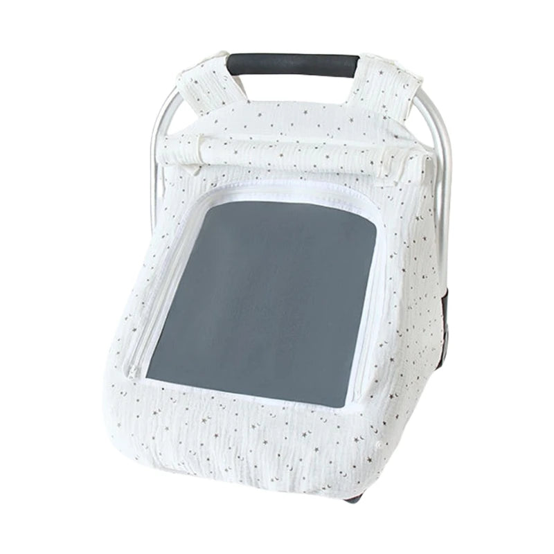 White breathable baby car seat cover with a sun shade and mosquito net