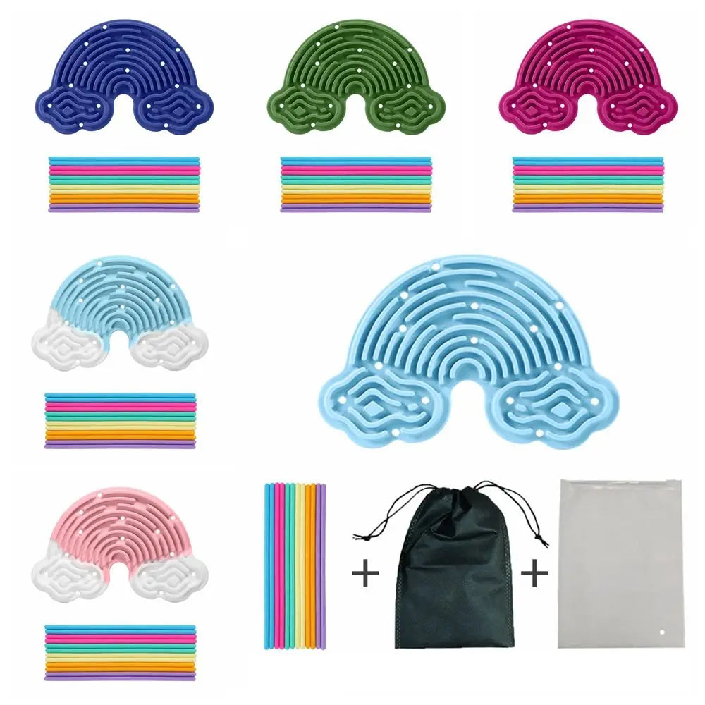A set of double-sided silicone sensory activity boards featuring various colored strings and shapes.