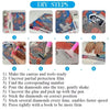 DIY steps for a 5D diamond painting kit featuring a colorful owl skeleton mosaic art project