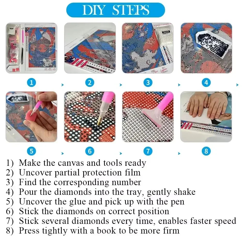 DIY steps for a 5D diamond painting kit featuring a colorful owl skeleton mosaic art project