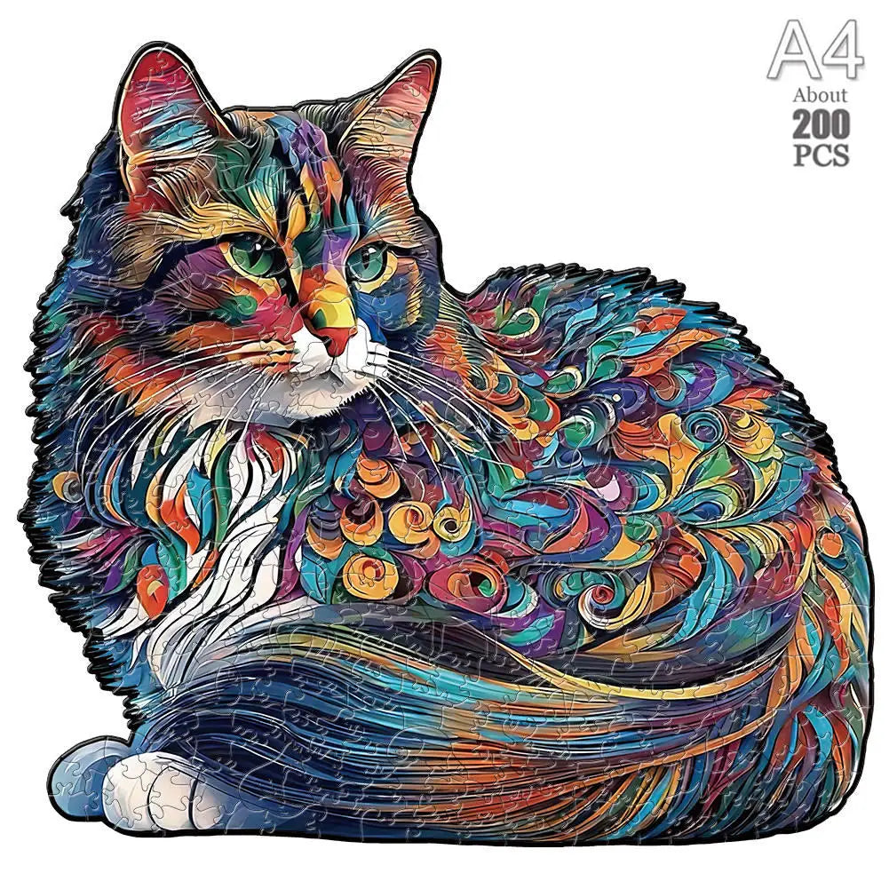 A vibrant, detailed painting of a cat with multicolored fur and expressive eyes.