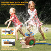 A girl is playing with a cartoon fire hydrant water sprinkler toy outdoors in the summer.