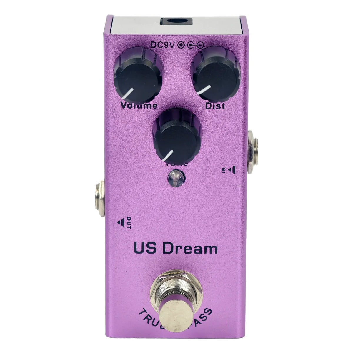 A purple US Dream guitar effects pedal with volume and distance controls.
