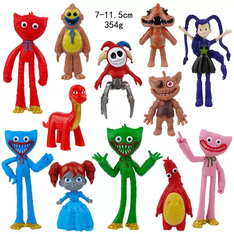 A collection of seven collectible figures based on Poppy Playtime characters in various colors and poses.