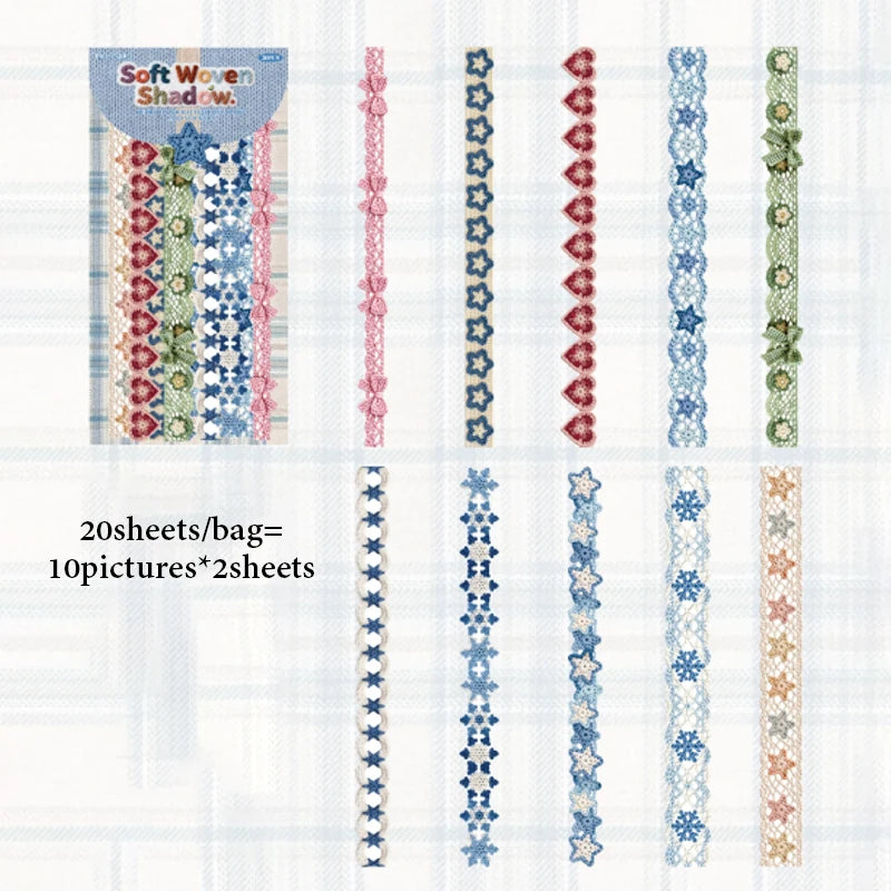 A collection of 20 fabric-textured sticker strips in various colors and patterns for journaling and scrapbooking.