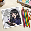 A coloring book illustration of a girl with black hair and dark clothing, titled Soft on the Outside Haunted on the Inside.