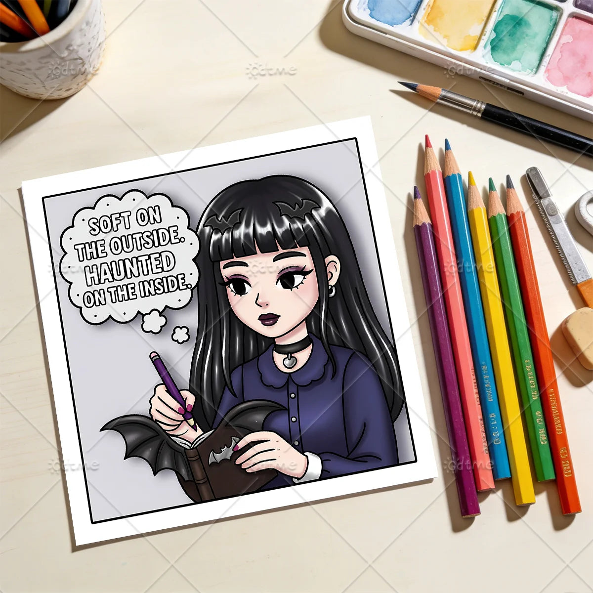 A coloring book illustration of a girl with black hair and dark clothing, titled Soft on the Outside Haunted on the Inside.