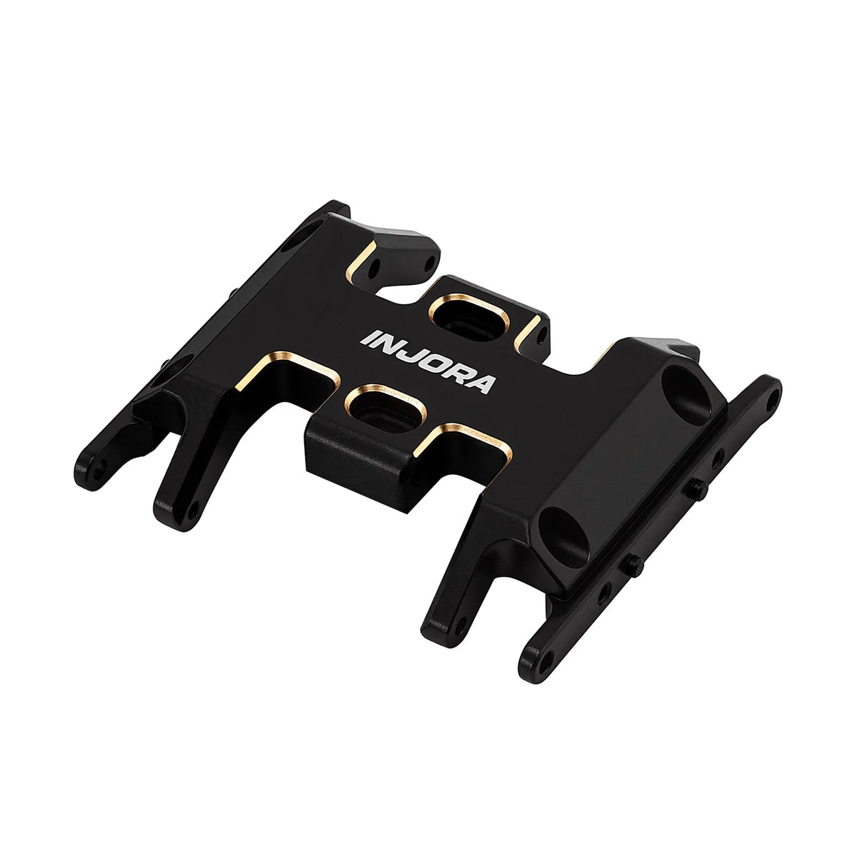 Black CNC aluminum skid plate for a 1/24 RC crawler with gold accents.