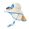 A beige sun hat with a mesh top and a blue strap, featuring a solar-powered cooling fan mechanism.