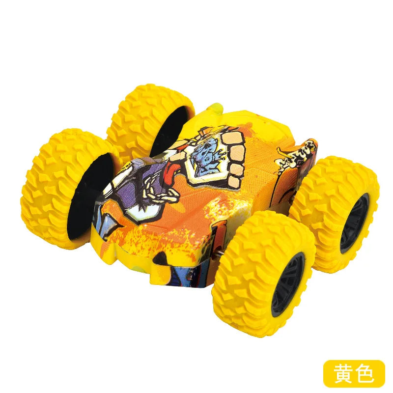 Yellow four-wheel drive stunt car with pull-back action features a detailed design.