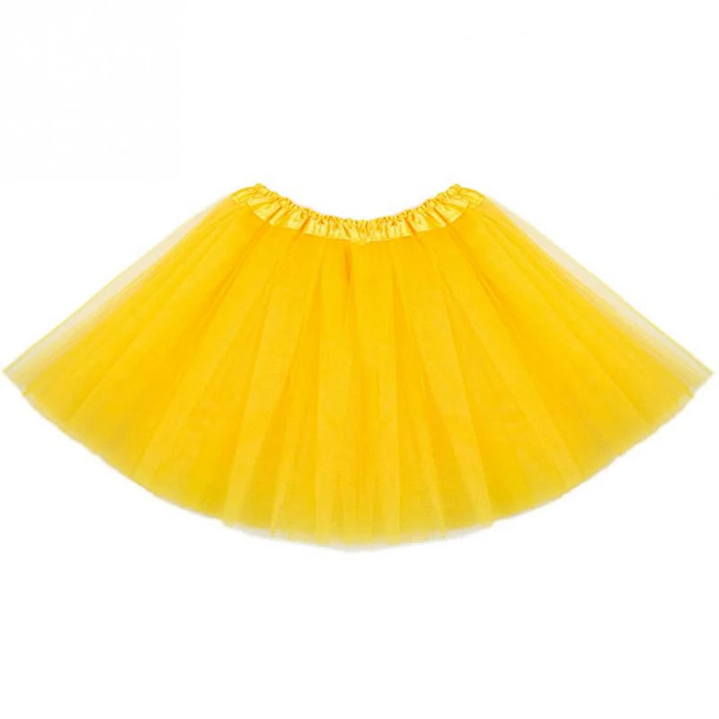 A bright yellow three-layer tutu skirt for girls displayed flat.