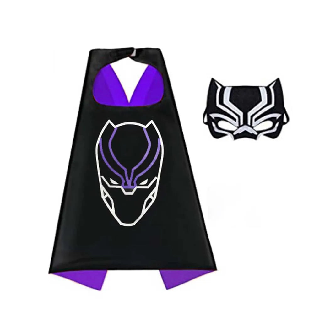 Black superhero cape and mask set with purple accents for kids dress-up