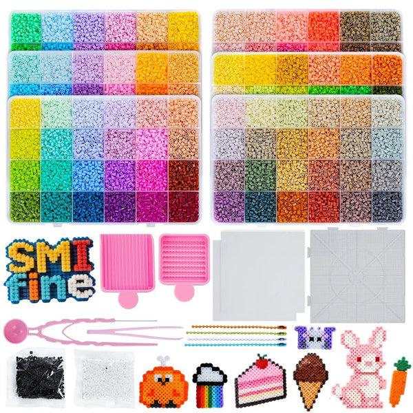 A craft kit featuring various colored fuse beads, tools, and decorative items for making fuses.