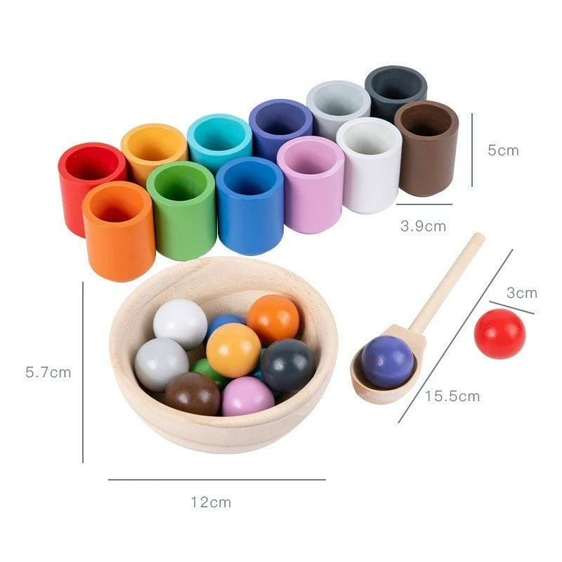 A set of wooden color sorting game featuring rainbow colored balls and cups with various sizes.
