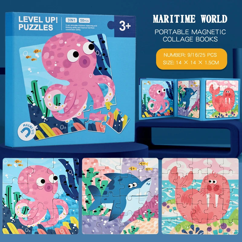 A box of magnetic jigsaw puzzles featuring marine life and animals for kids