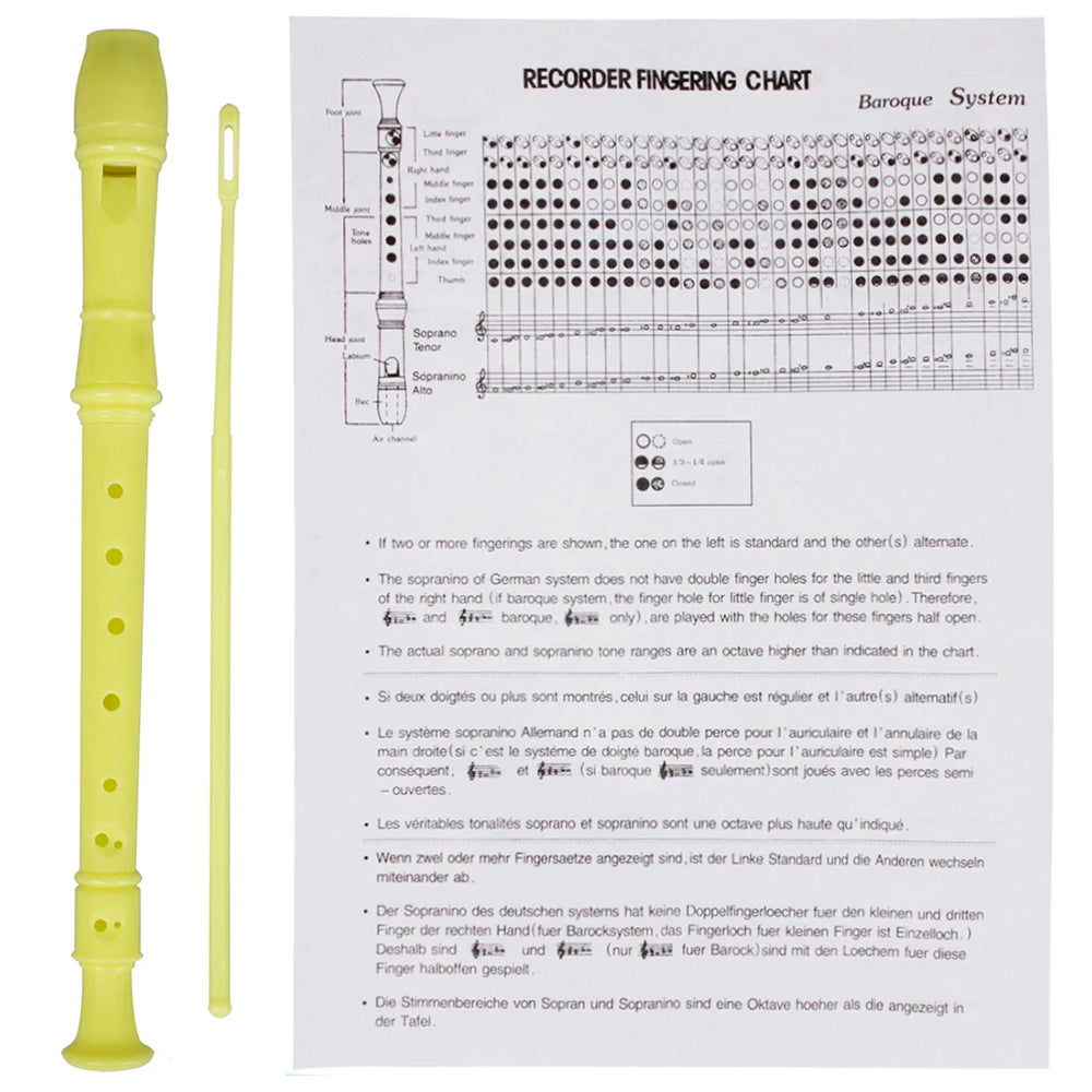 A yellow 8-hole soprano recorder fingering chart for the Baroque system.