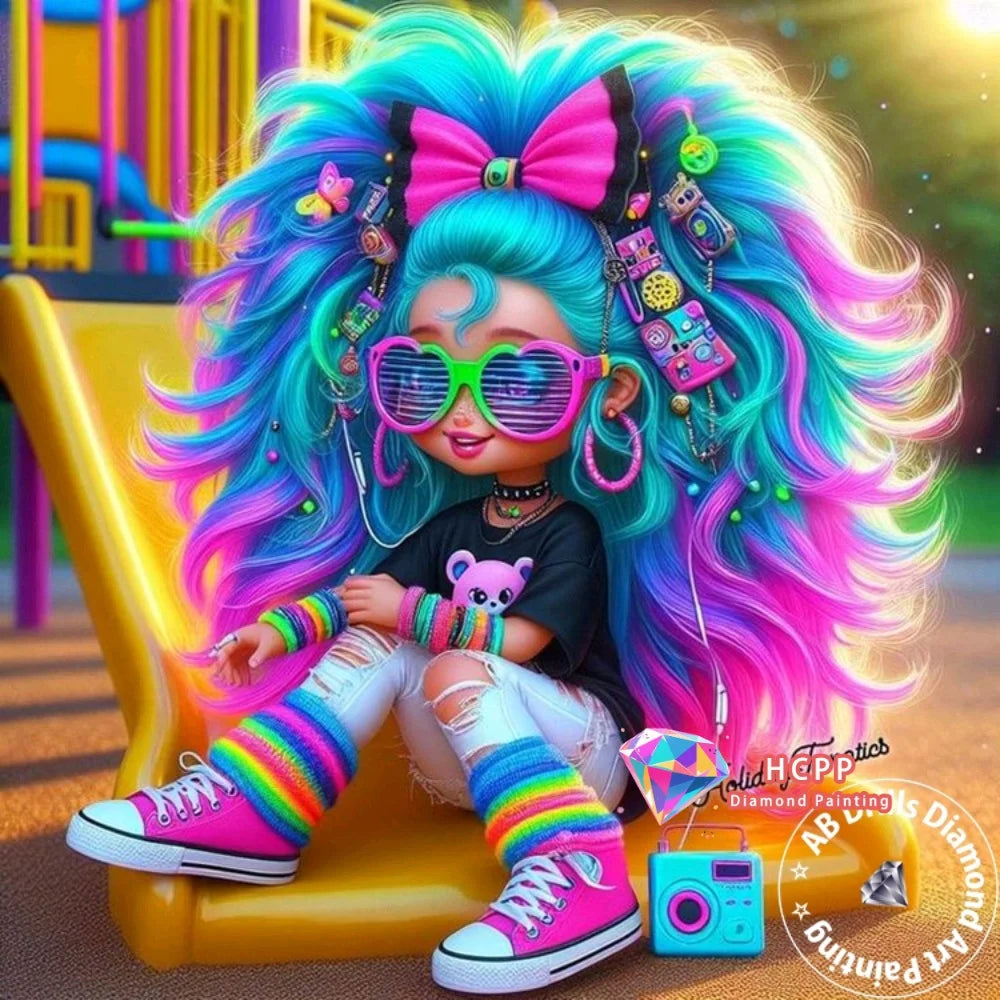 A vibrant illustration of a woman with bright blue and pink hair wearing a black top and colorful clothing.